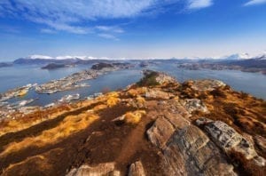 A beautiful view over the city of Ålesund, Norway and the Atlantic Ocean from Sugartop